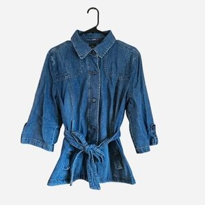 French Cuff Denim Button Down Tie Waist Shirt Size XL